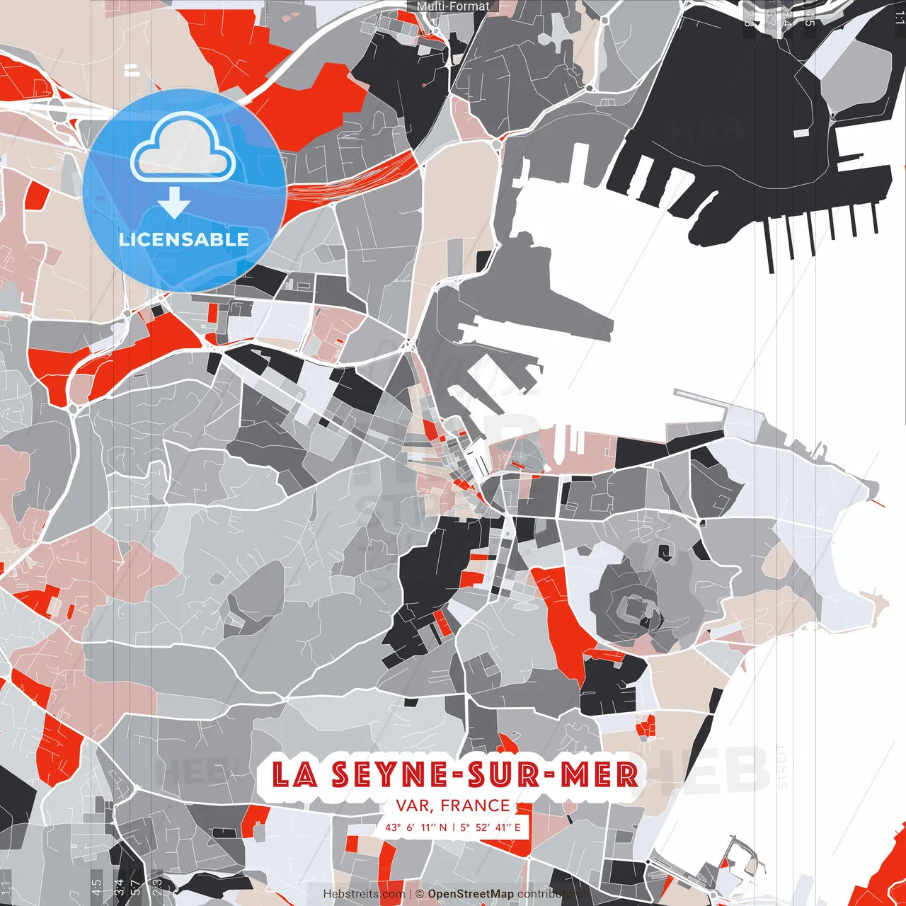 La Seyne-sur-Mer, Var, France - modern street map poster template with gray and red tones