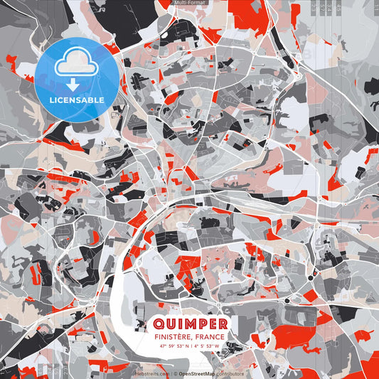 Quimper, Finistère, France - modern street map poster template with gray and red tones