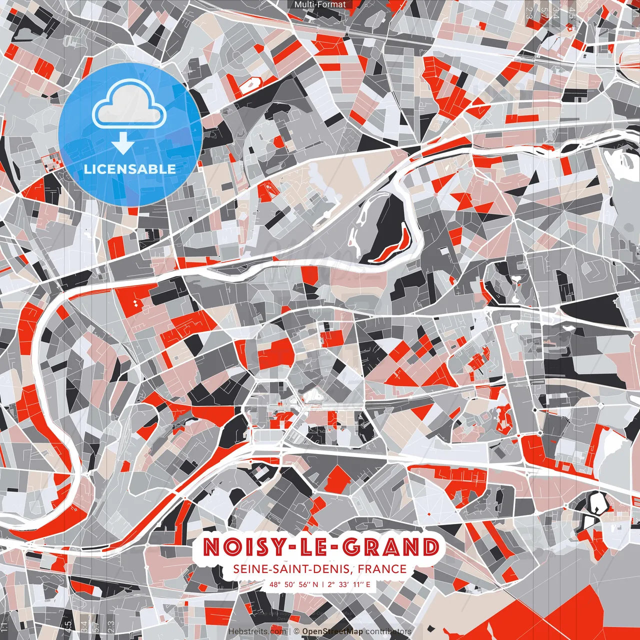Noisy-le-Grand, Seine-Saint-Denis, France - modern street map poster template with gray and red tones
