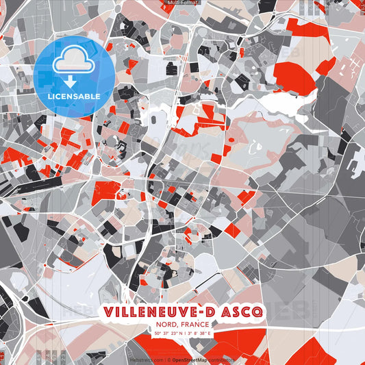 Villeneuve-d Ascq, Nord, France - modern street map poster template with gray and red tones