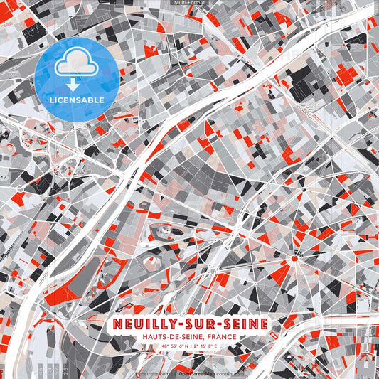 Neuilly-sur-Seine, Hauts-de-Seine, France - modern street map poster template with gray and red tones