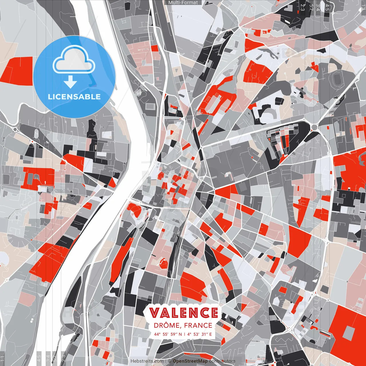 Valence, Drôme, France - modern street map poster template with gray and red tones