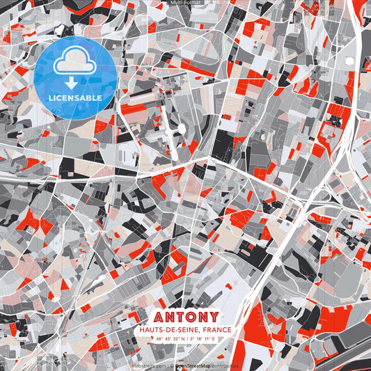 Antony, Hauts-de-Seine, France - modern street map poster template with gray and red tones