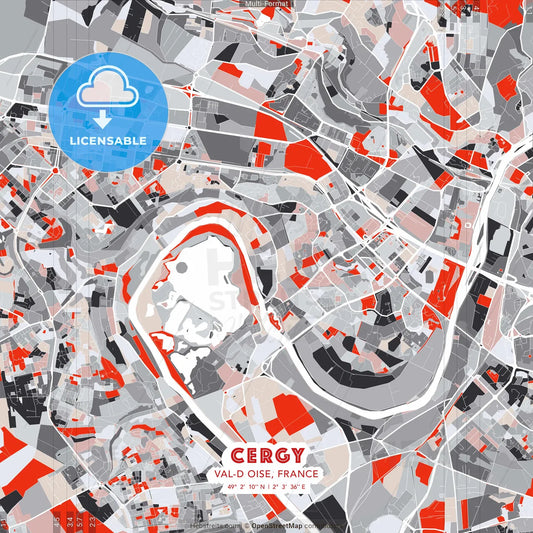 Cergy, Val-d Oise, France - modern street map poster template with gray and red tones