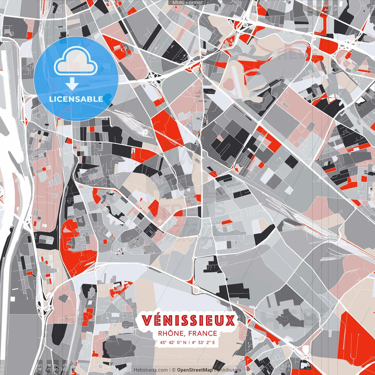 Vénissieux, Rhône, France - modern street map poster template with gray and red tones