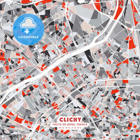 Clichy, Hauts-de-Seine, France - modern street map poster template with gray and red tones