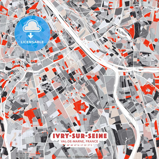 Ivry-sur-Seine, Val-de-Marne, France - modern street map poster template with gray and red tones