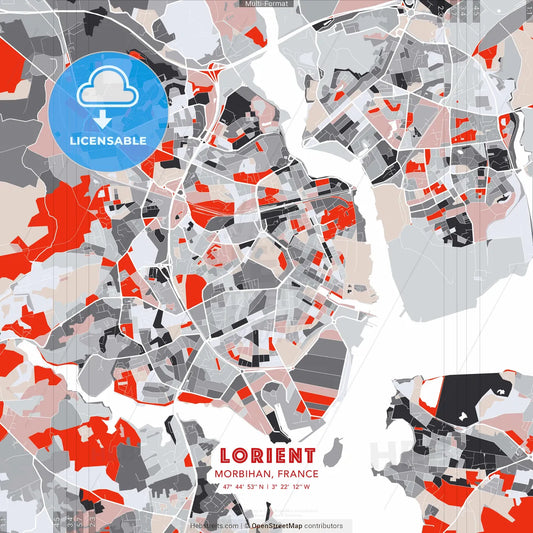 Lorient, Morbihan, France - modern street map poster template with gray and red tones