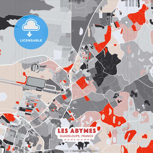Les Abymes, Guadeloupe, France - modern street map poster template with gray and red tones