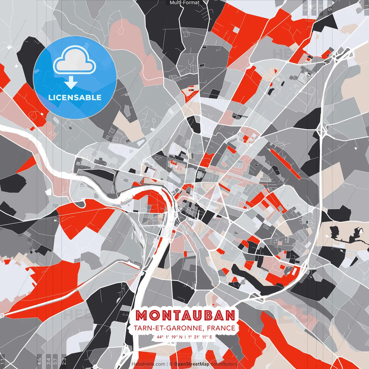 Montauban, Tarn-et-Garonne, France - modern street map poster template with gray and red tones