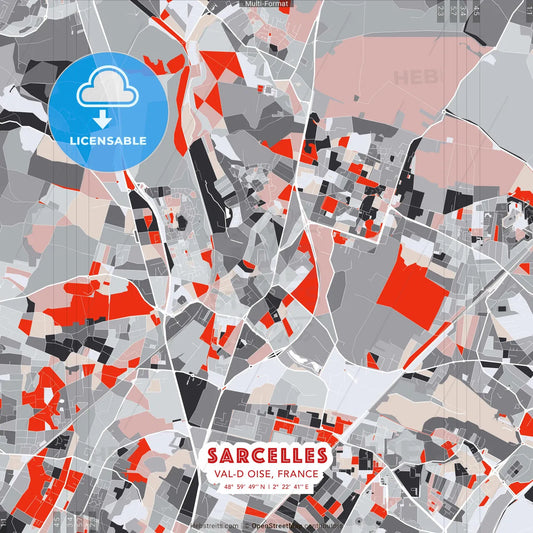 Sarcelles, Val-d Oise, France - modern street map poster template with gray and red tones