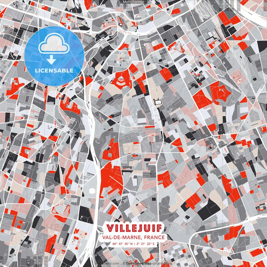 Villejuif, Val-de-Marne, France - modern street map poster template with gray and red tones