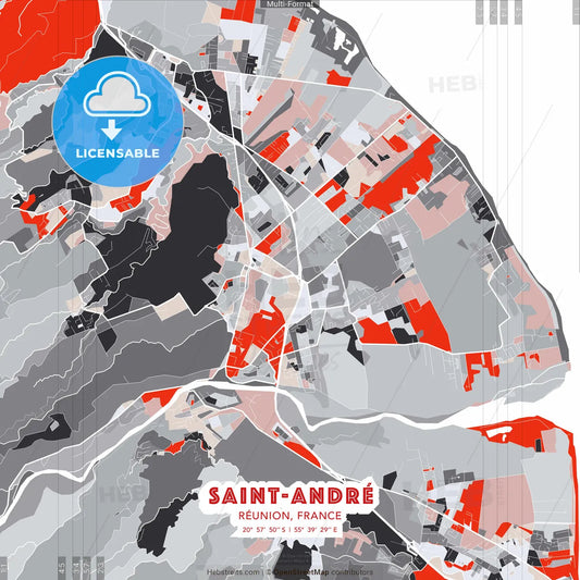 Saint-André, Réunion, France - modern street map poster template with gray and red tones