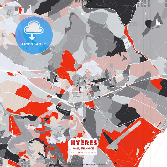 Hyères, Var, France - modern street map poster template with gray and red tones