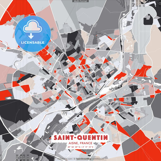 Saint-Quentin, Aisne, France - modern street map poster template with gray and red tones