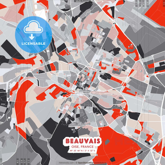 Beauvais, Oise, France - modern street map poster template with gray and red tones