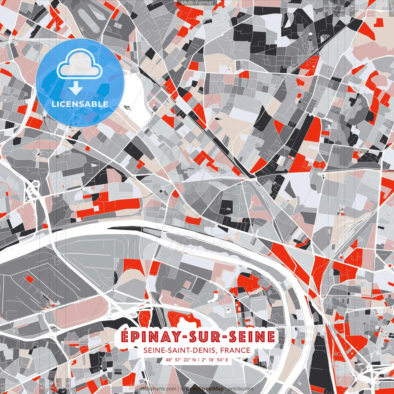 Épinay-sur-Seine, Seine-Saint-Denis, France - modern street map poster template with gray and red tones