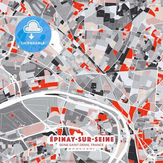 Épinay-sur-Seine, Seine-Saint-Denis, France - modern street map poster template with gray and red tones
