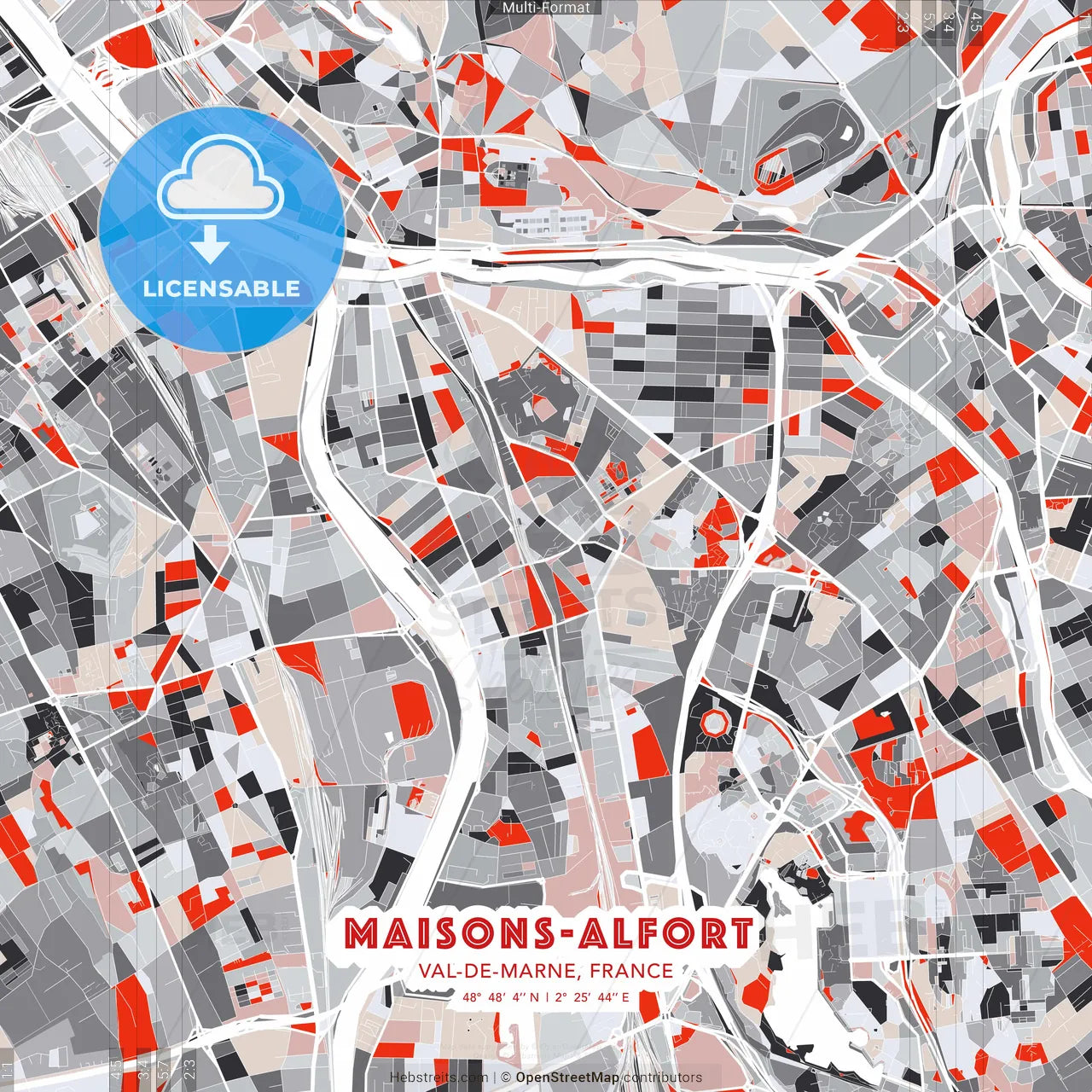 Maisons-Alfort, Val-de-Marne, France - modern street map poster template with gray and red tones