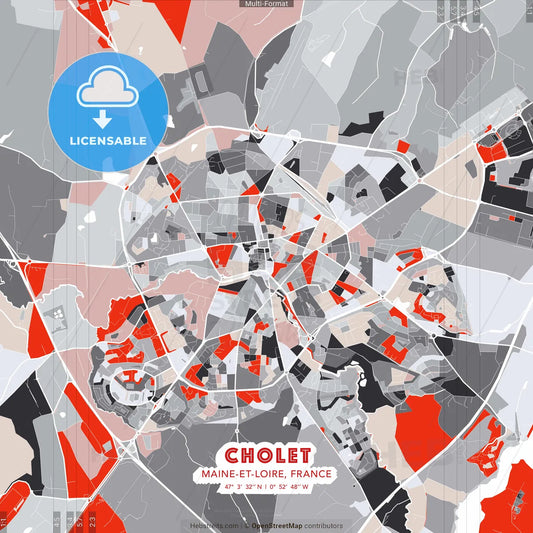 Cholet, Maine-et-Loire, France - modern street map poster template with gray and red tones