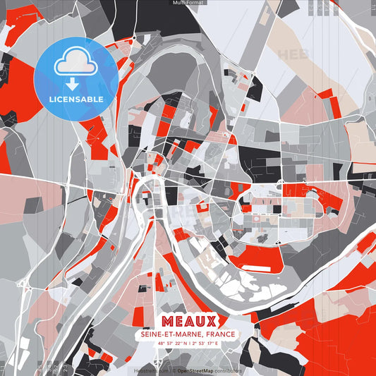 Meaux, Seine-et-Marne, France - modern street map poster template with gray and red tones