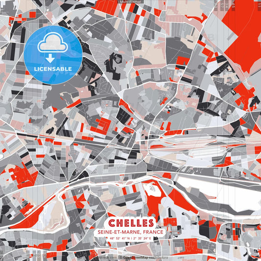 Chelles, Seine-et-Marne, France - modern street map poster template with gray and red tones
