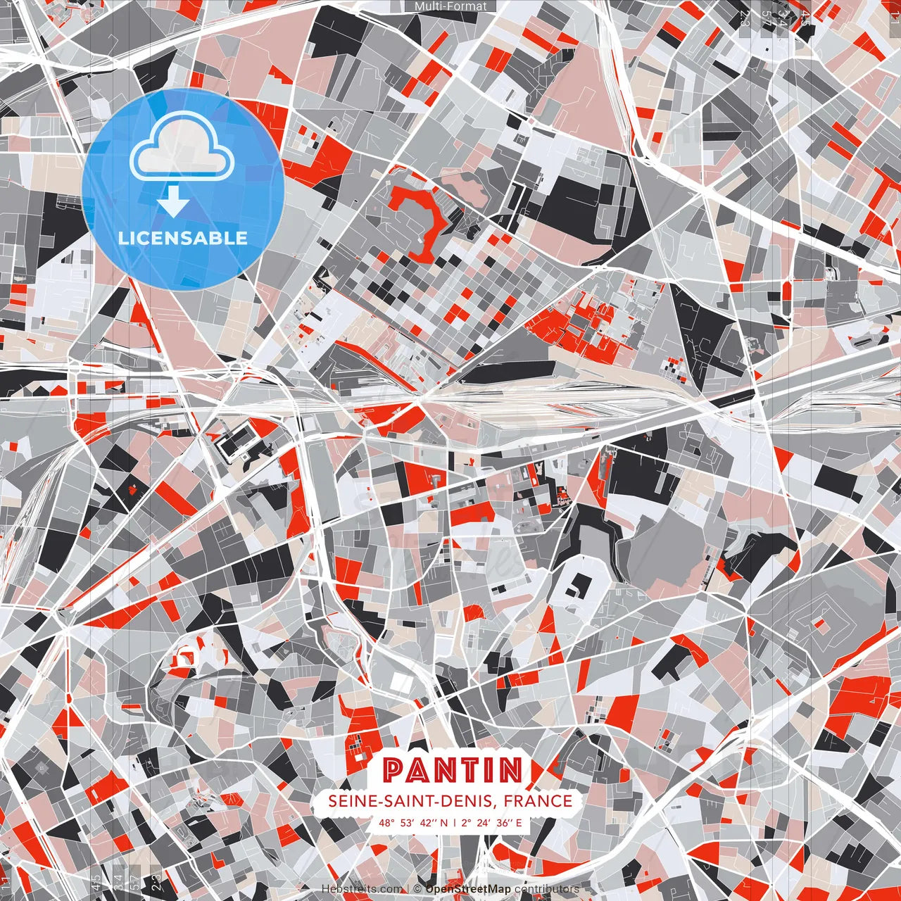 Pantin, Seine-Saint-Denis, France - modern street map poster template with gray and red tones