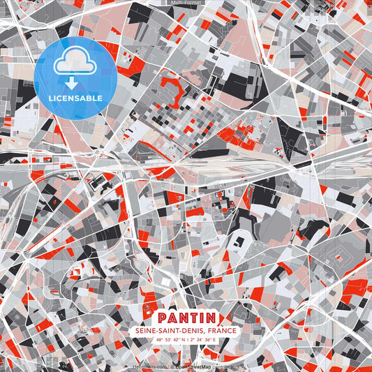 Pantin, Seine-Saint-Denis, France - modern street map poster template with gray and red tones