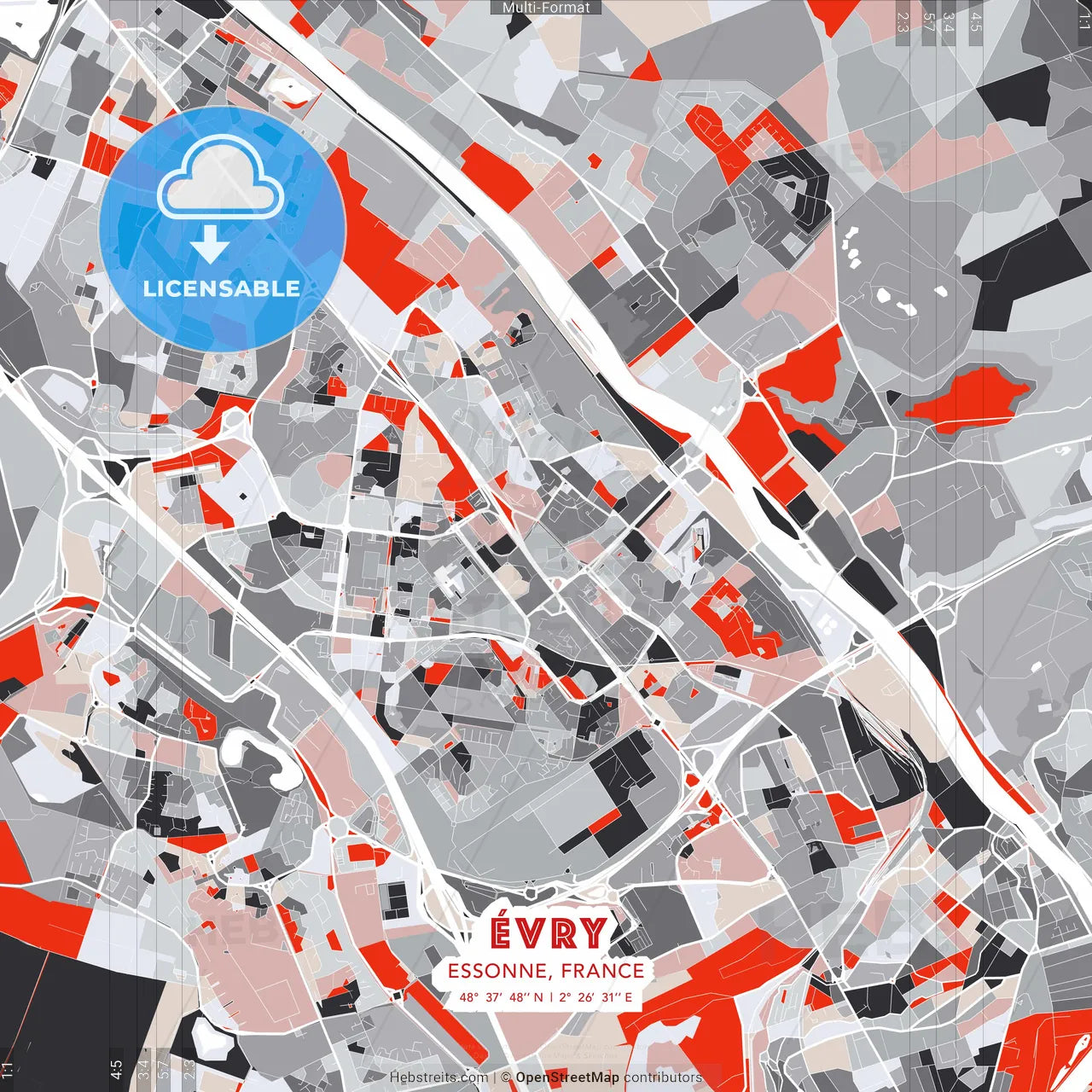 Évry, Essonne, France - modern street map poster template with gray and red tones