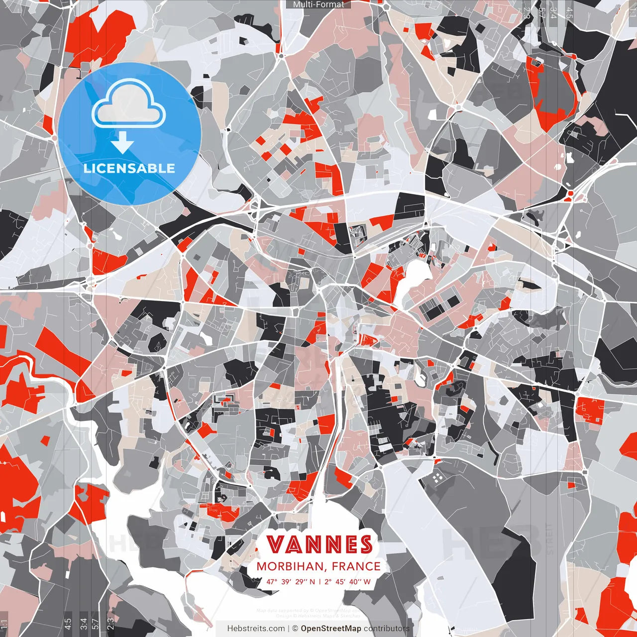 Vannes, Morbihan, France - modern street map poster template with gray and red tones