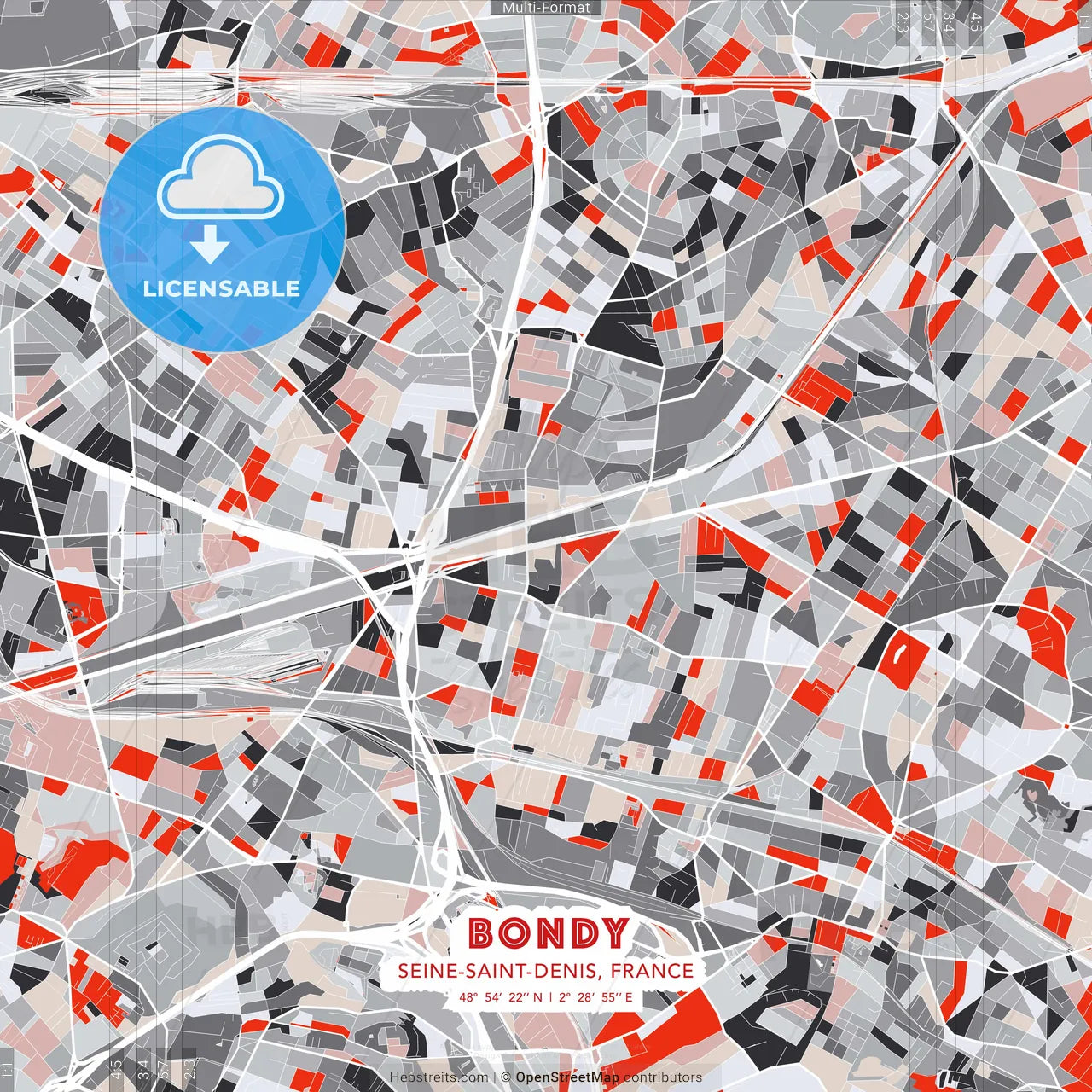 Bondy, Seine-Saint-Denis, France - modern street map poster template with gray and red tones