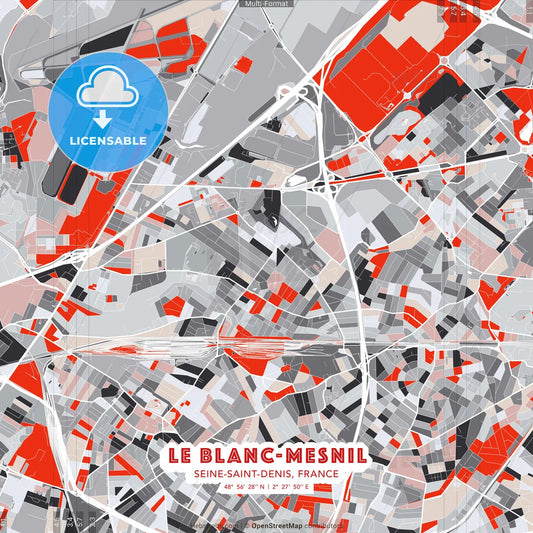 Le Blanc-Mesnil, Seine-Saint-Denis, France - modern street map poster template with gray and red tones