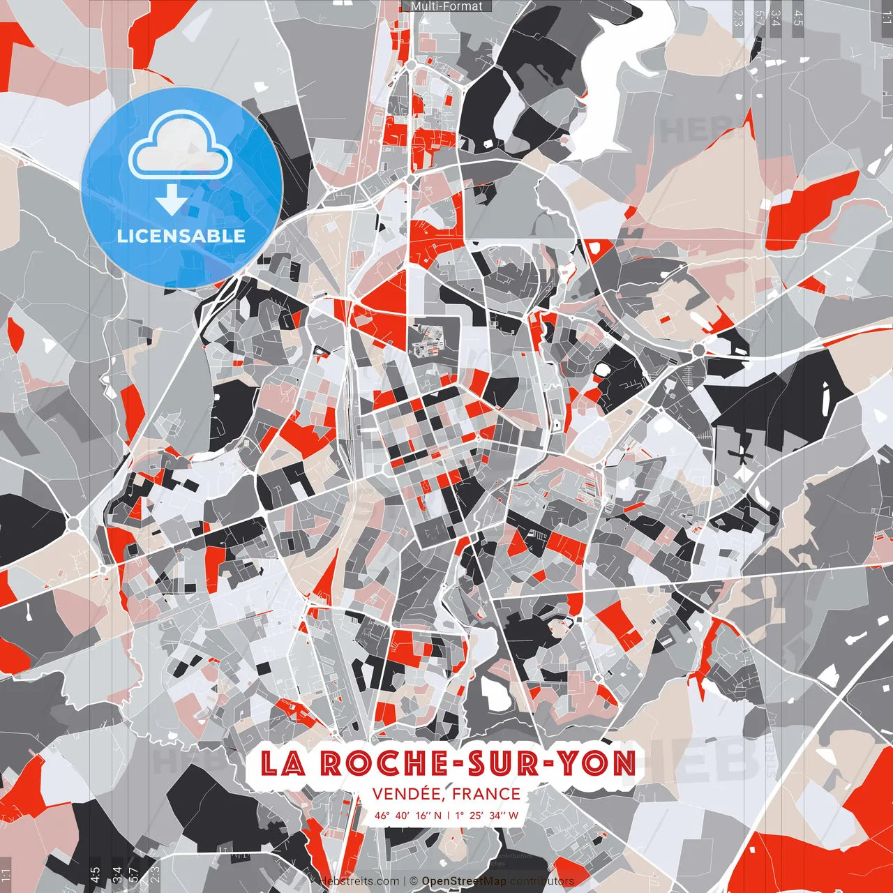 La Roche-sur-Yon, Vendée, France - modern street map poster template with gray and red tones