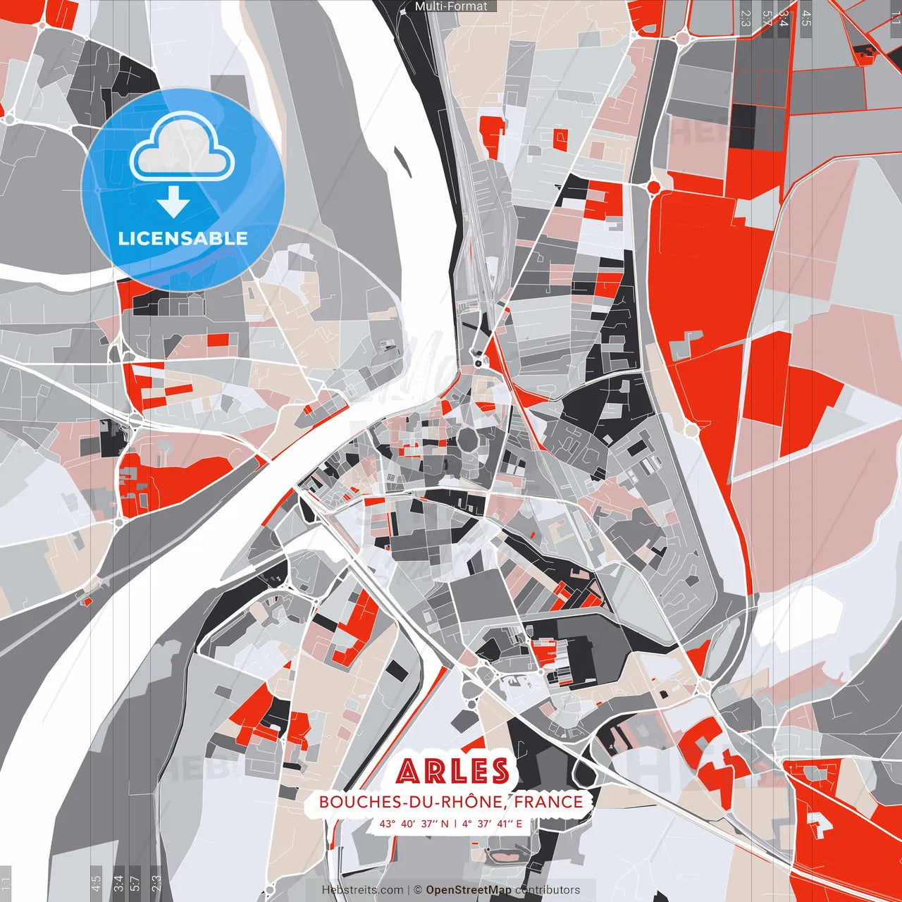 Arles, Bouches-du-Rhône, France - modern street map poster template with gray and red tones