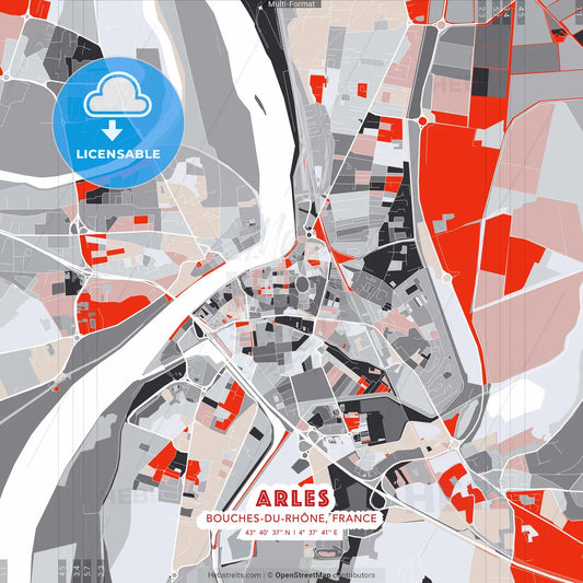 Arles, Bouches-du-Rhône, France - modern street map poster template with gray and red tones
