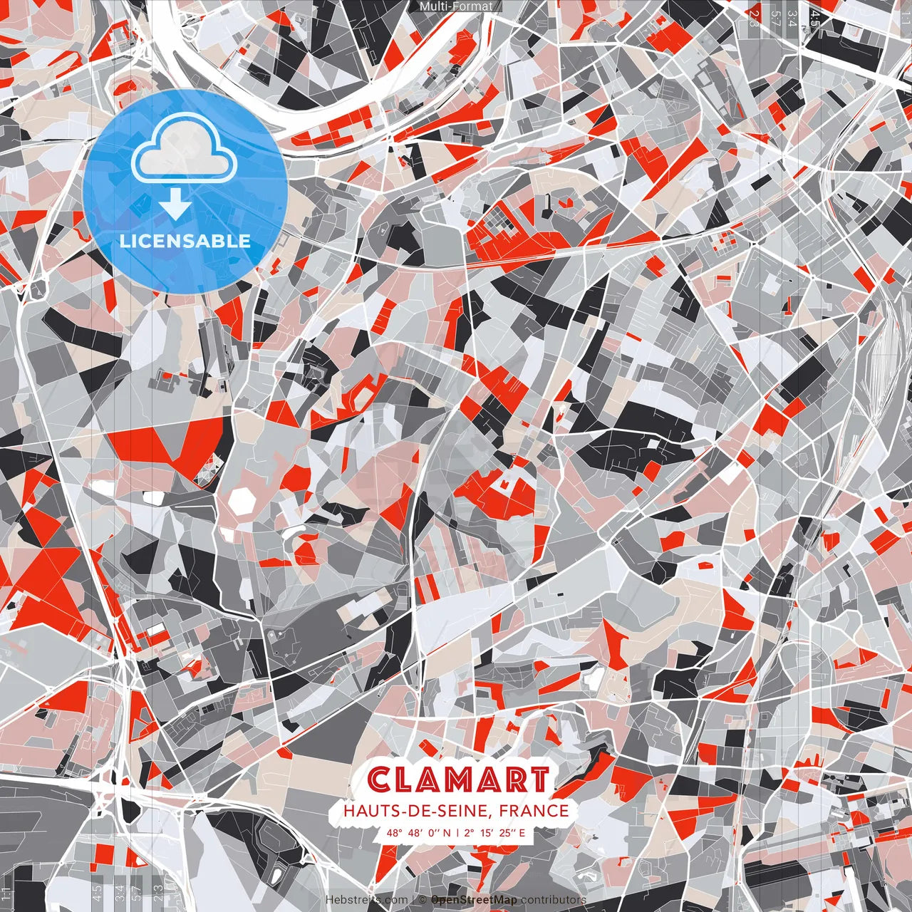 Clamart, Hauts-de-Seine, France - modern street map poster template with gray and red tones