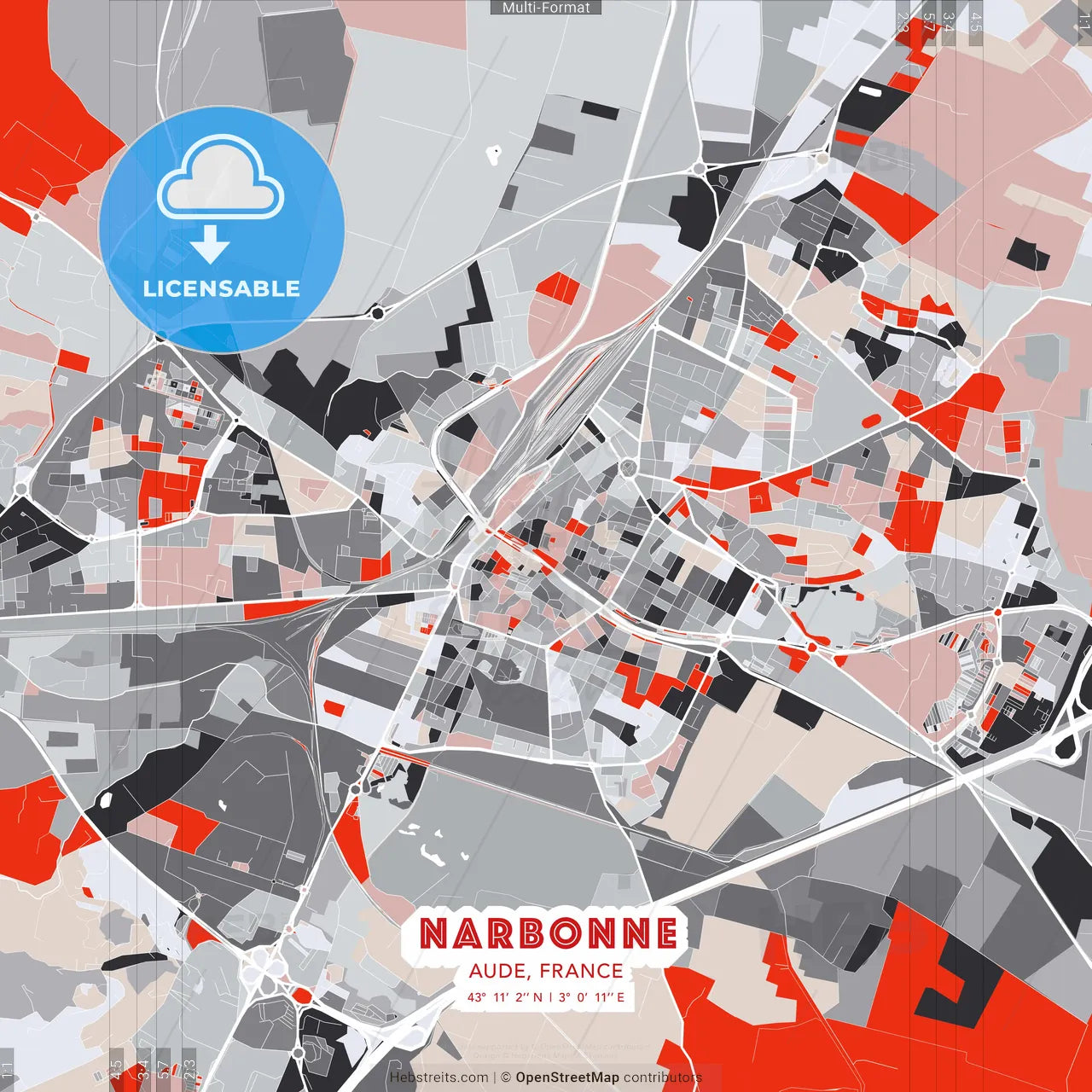 Narbonne, Aude, France - modern street map poster template with gray and red tones