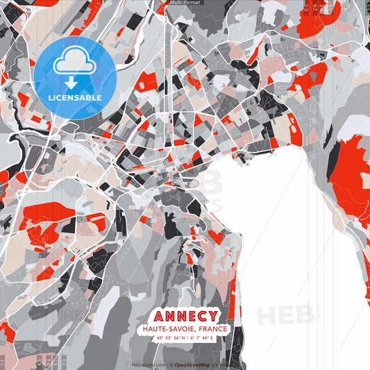 Annecy, Haute-Savoie, France - modern street map poster template with gray and red tones