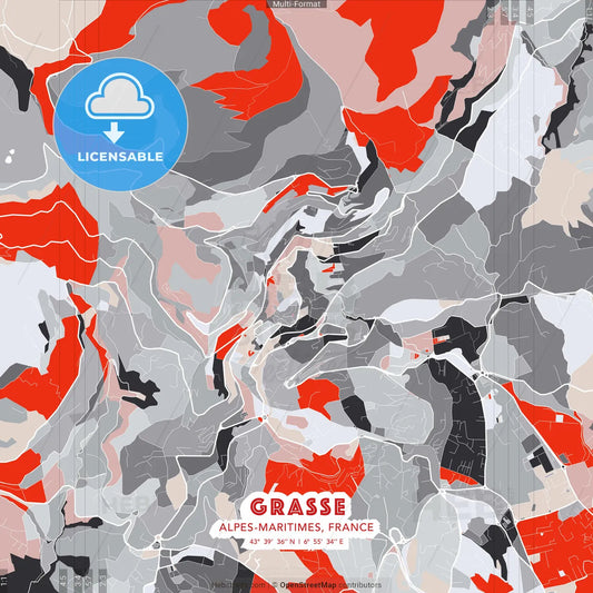 Grasse, Alpes-Maritimes, France - modern street map poster template with gray and red tones