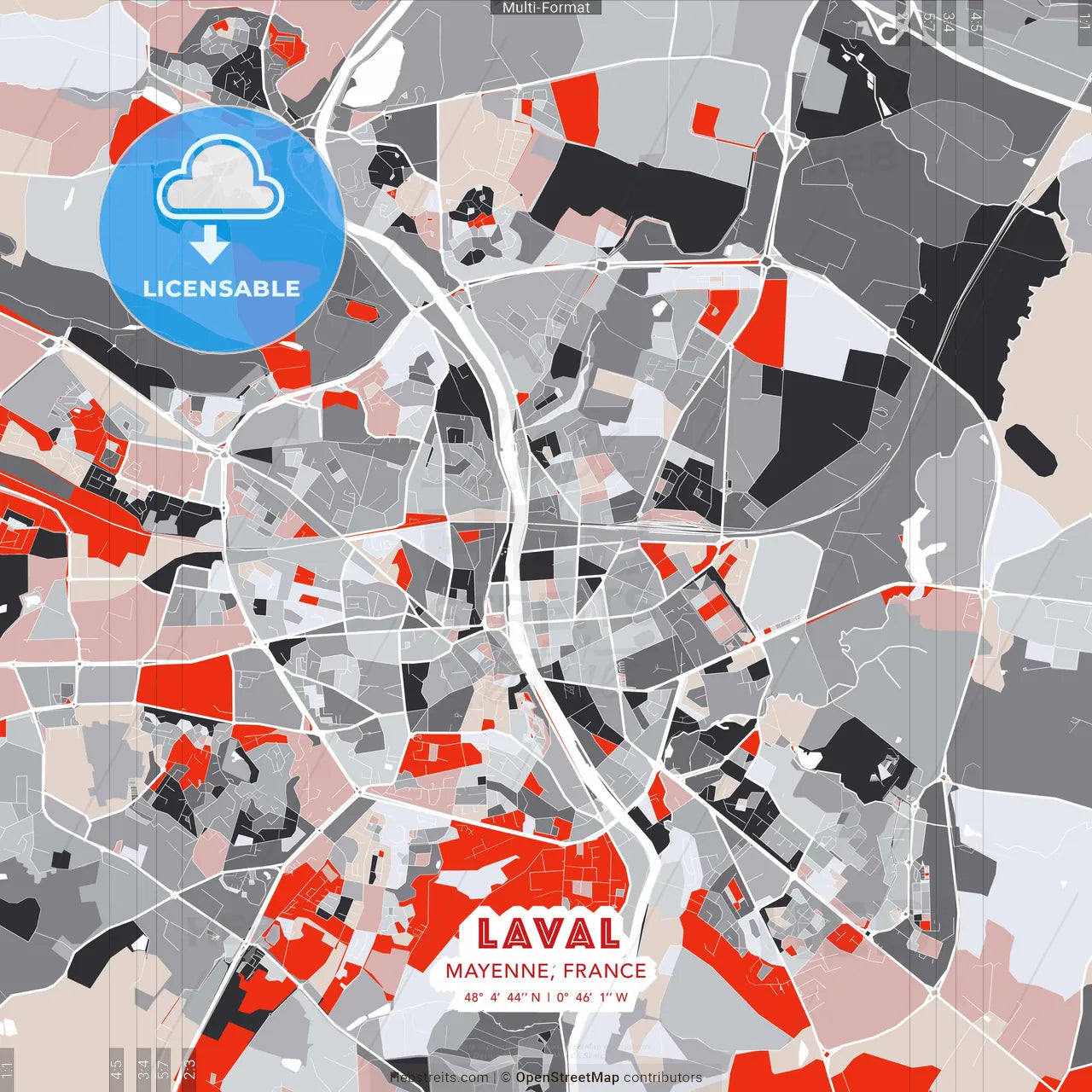 Laval, Mayenne, France - modern street map poster template with gray and red tones