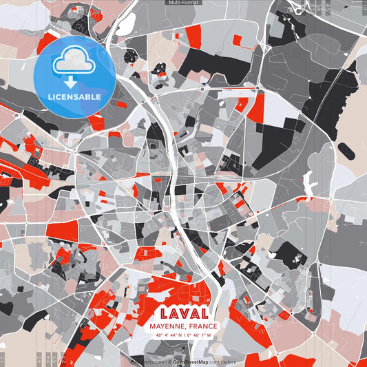 Laval, Mayenne, France - modern street map poster template with gray and red tones