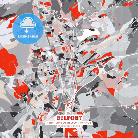 Belfort, Territoire de Belfort, France - modern street map poster template with gray and red tones