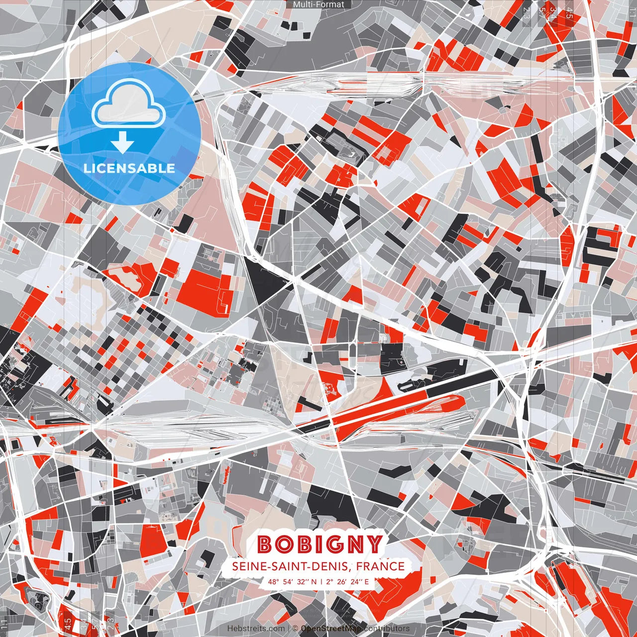 Bobigny, Seine-Saint-Denis, France - modern street map poster template with gray and red tones