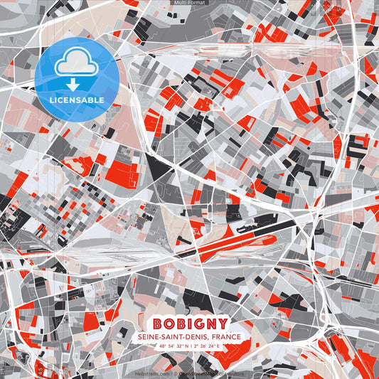 Bobigny, Seine-Saint-Denis, France - modern street map poster template with gray and red tones