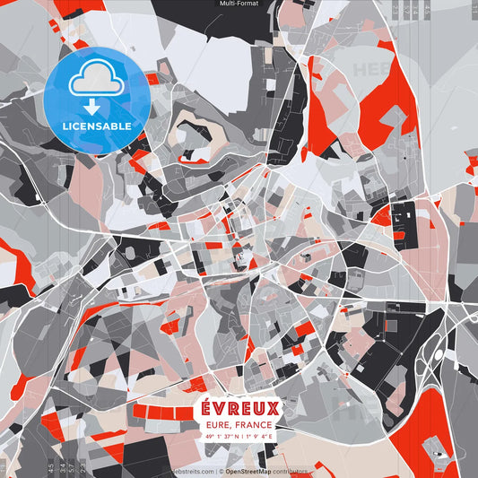 Évreux, Eure, France - modern street map poster template with gray and red tones
