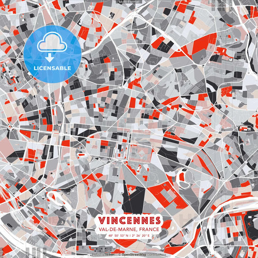 Vincennes, Val-de-Marne, France - modern street map poster template with gray and red tones