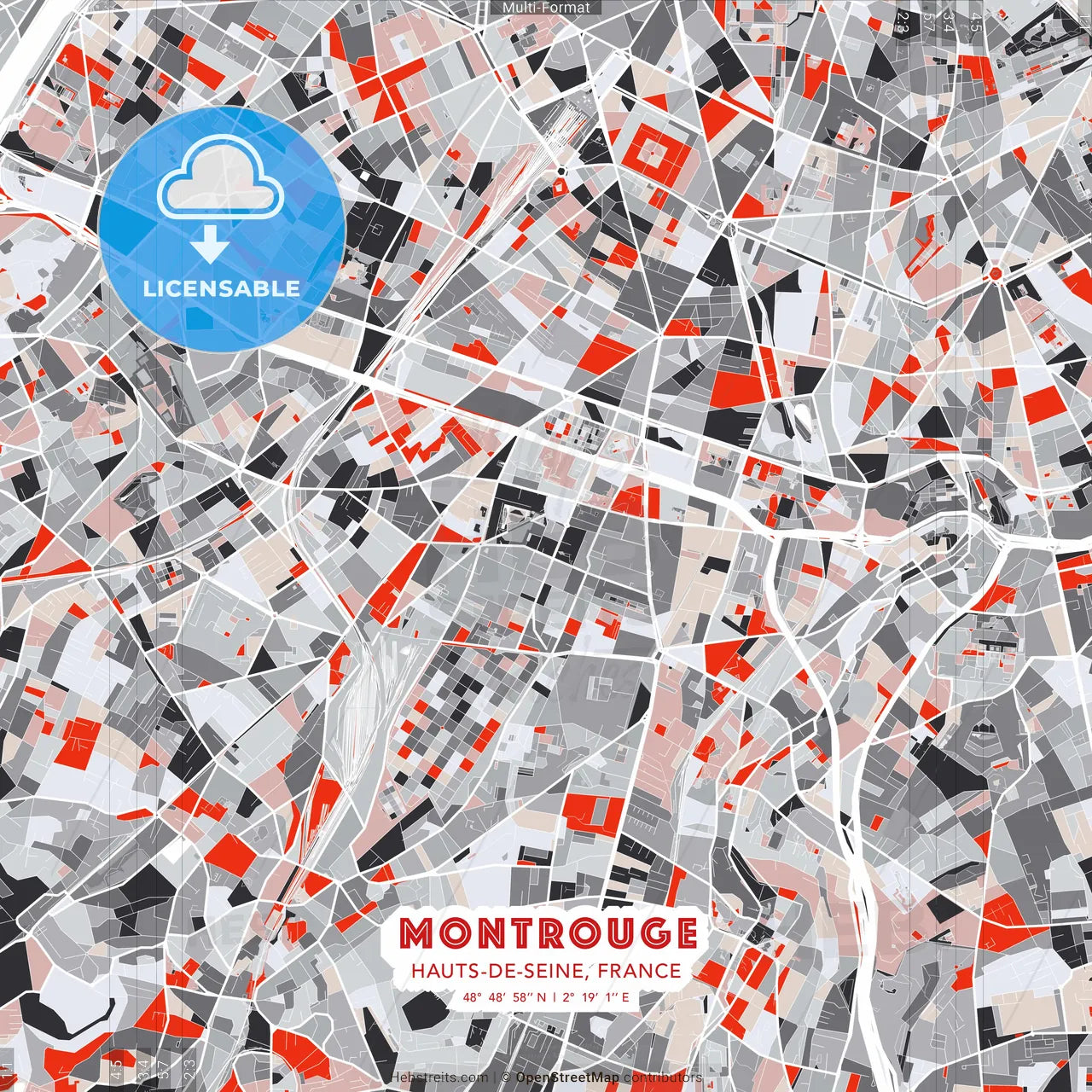 Montrouge, Hauts-de-Seine, France - modern street map poster template with gray and red tones