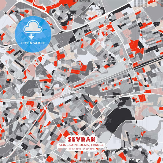 Sevran, Seine-Saint-Denis, France - modern street map poster template with gray and red tones