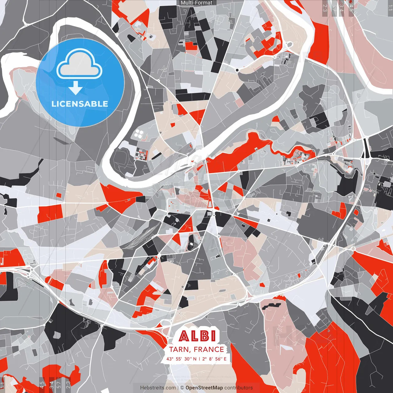 Albi, Tarn, France - modern street map poster template with gray and red tones