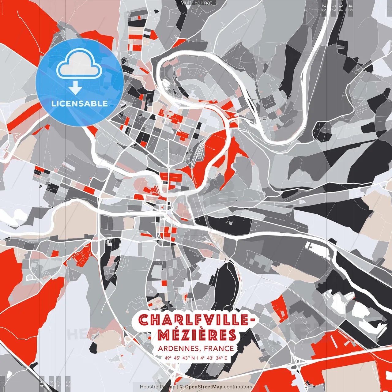 Charleville-Mézières, Ardennes, France - modern street map poster template with gray and red tones